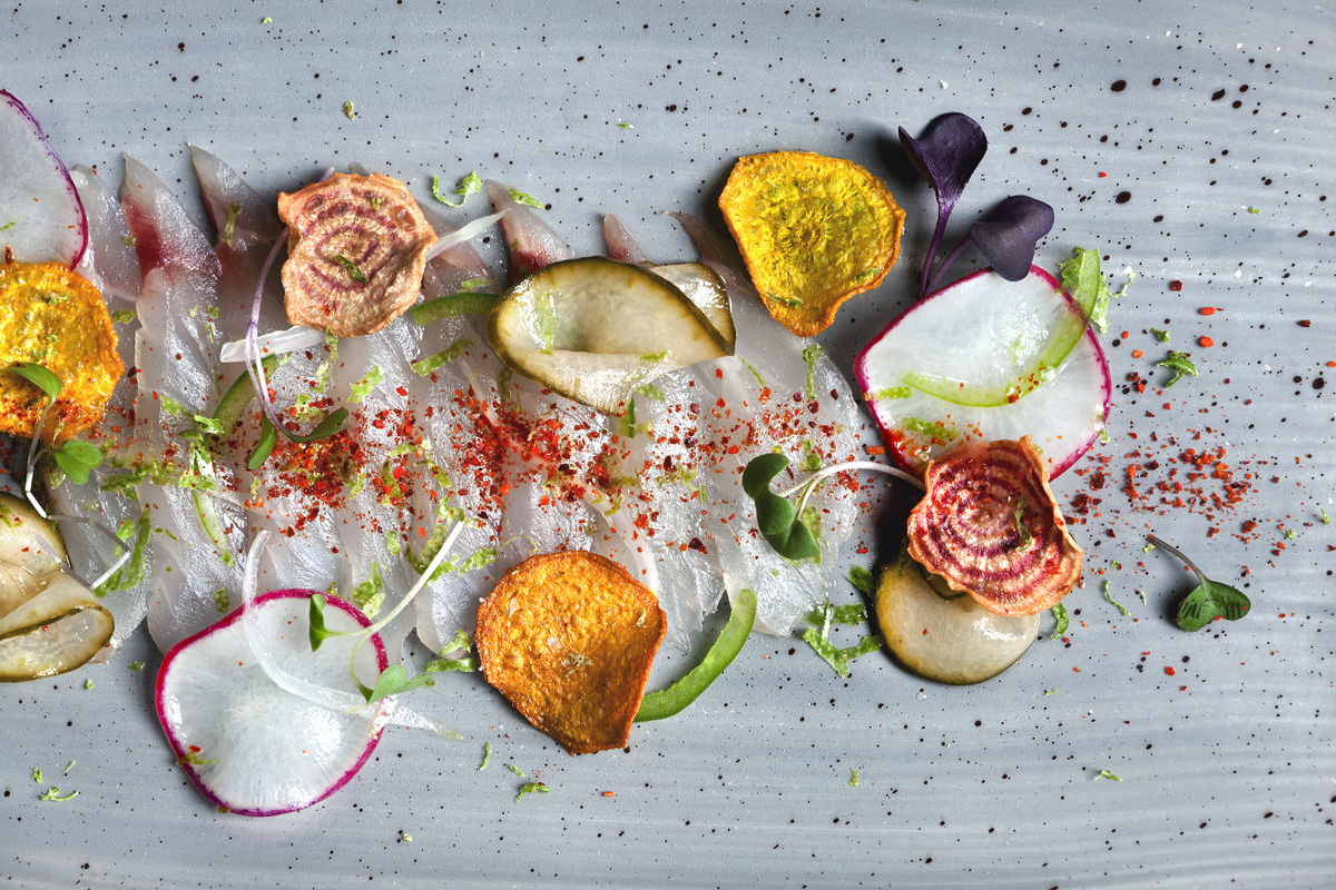 Snapper-Crudo-sliced-radish-dill-pickled-cucumber-jalapeno-beet-chips-spring-onions-espelette